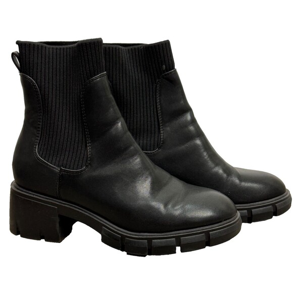 Chelsea Booties 6.5 Ankle Boots Black Faux Leather Chunky Lug Minimalist Grunge - Picture 1 of 7